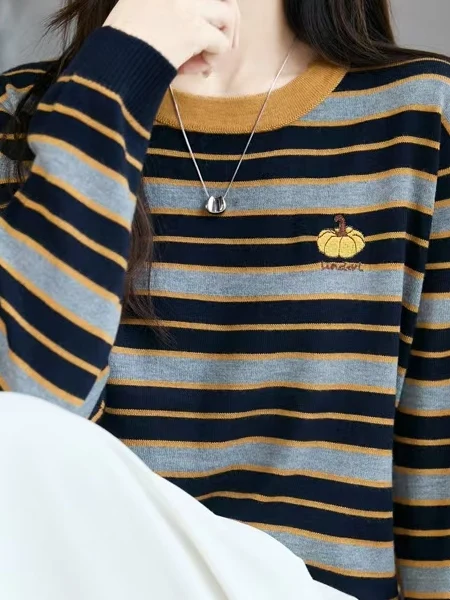 

Women's round Ne Striped Knitwear Soft Woolen Base Layer Top Pumpkin Color Open Cardigan Casual Sle Loose Fit Long Sve