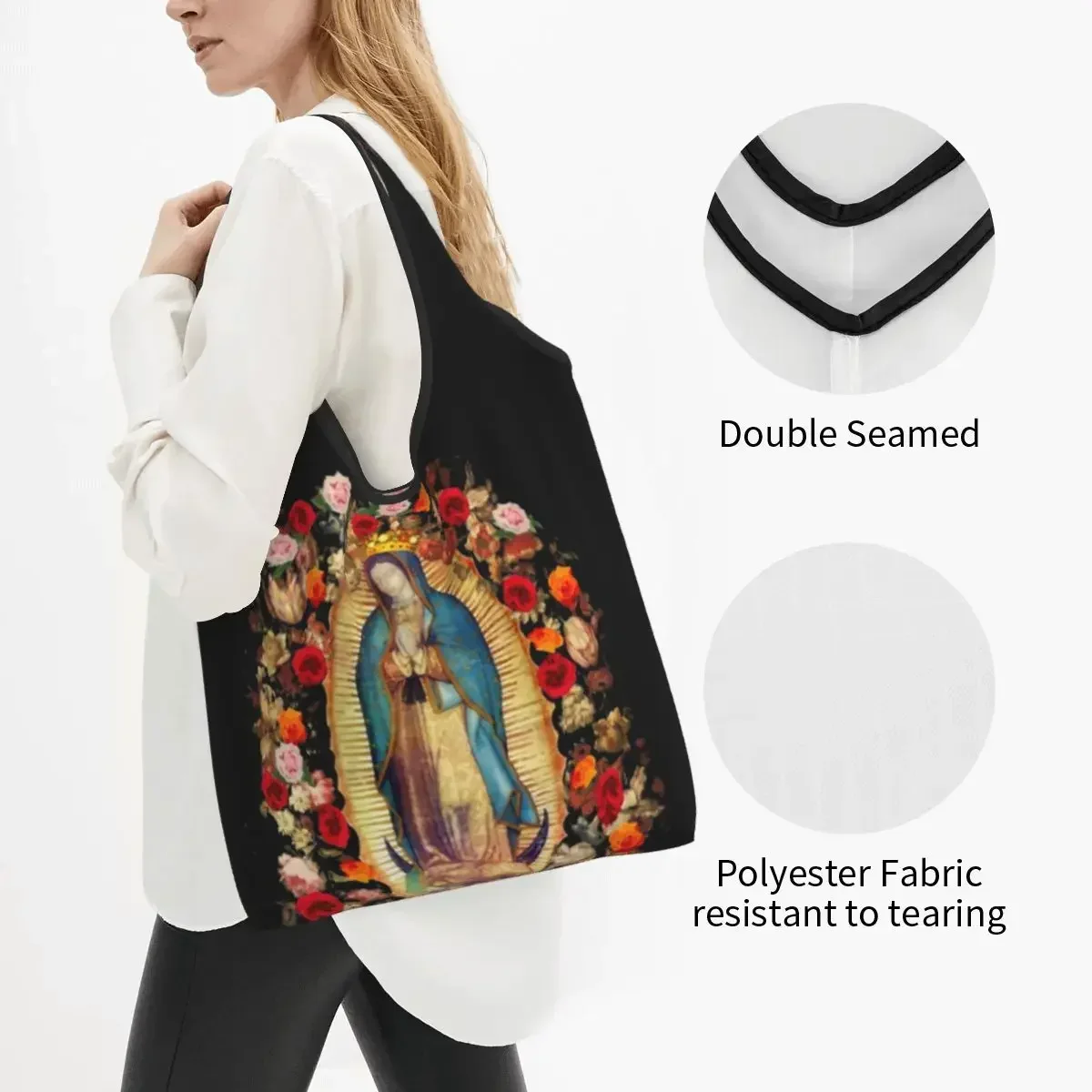 Cute Our Lady Of Guadalupe Mexican Virgin Mary Shopping Tote Bags Portable Mexico Catholic Saint Grocery Shopper Shoulder Bag