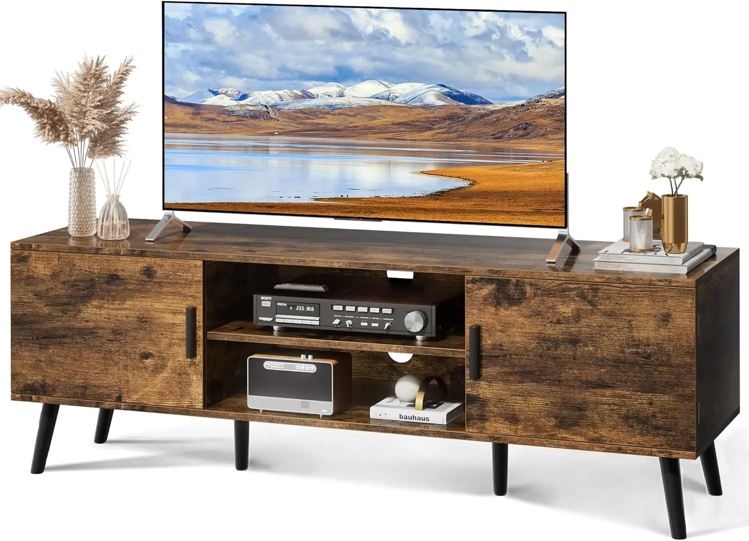 

2 Cabinets, TV Console Table, Media Console, Solid Wood Feet, Cord Holes, for Living Room, Bedroom, Rustic Brown