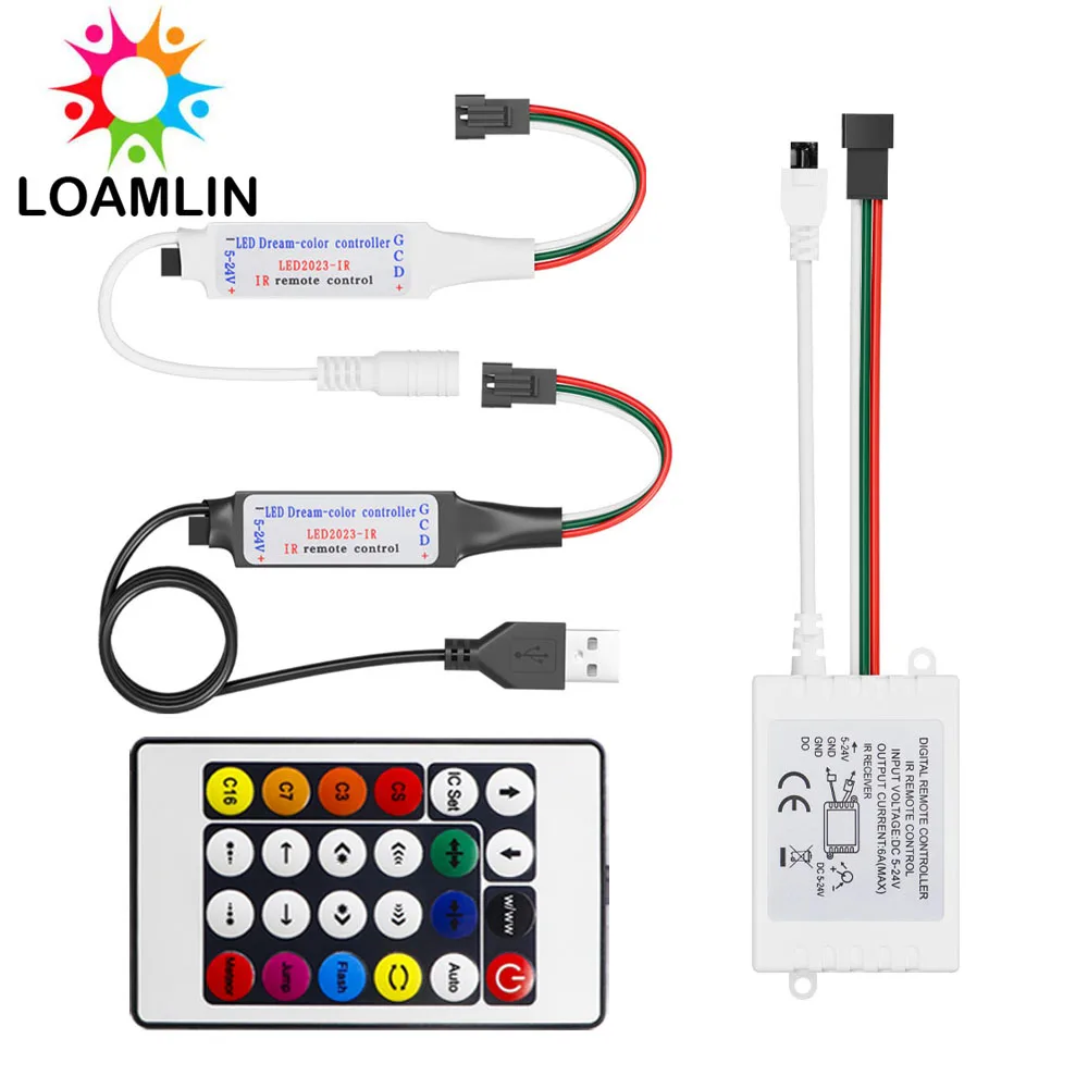 USB/DC Mini WS2812B WS2811 RGBIC inteligentny kontroler taśm Led 24 klawisze pilot na podczerwień 2048 pikseli WS2812 IC taśma świetlna DC5-24V