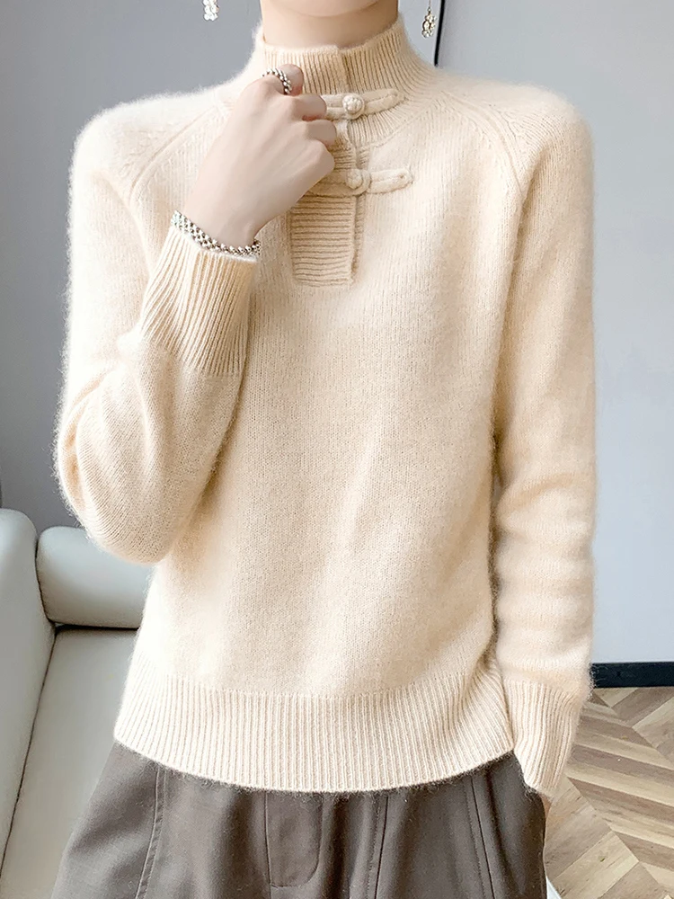 

Chinese Style buttoned Mockneck Sweater Women Autumn Winter Basic Pullover 100% Merino Wool Long Sleeves Cashmere Knitted Jumper