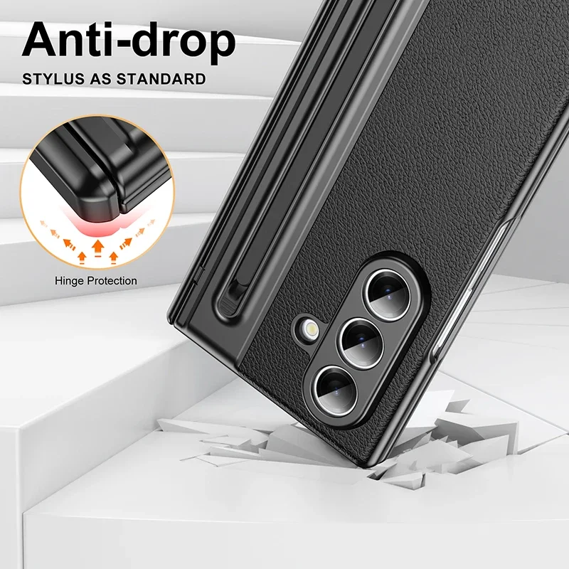 For Samsung Galaxy Z Fold 8 Ultra Z Fold 7 6 5 4 3 S Pen Leather Case Hinge Protection & Touch Pen & Built-in Screen Protector view 5