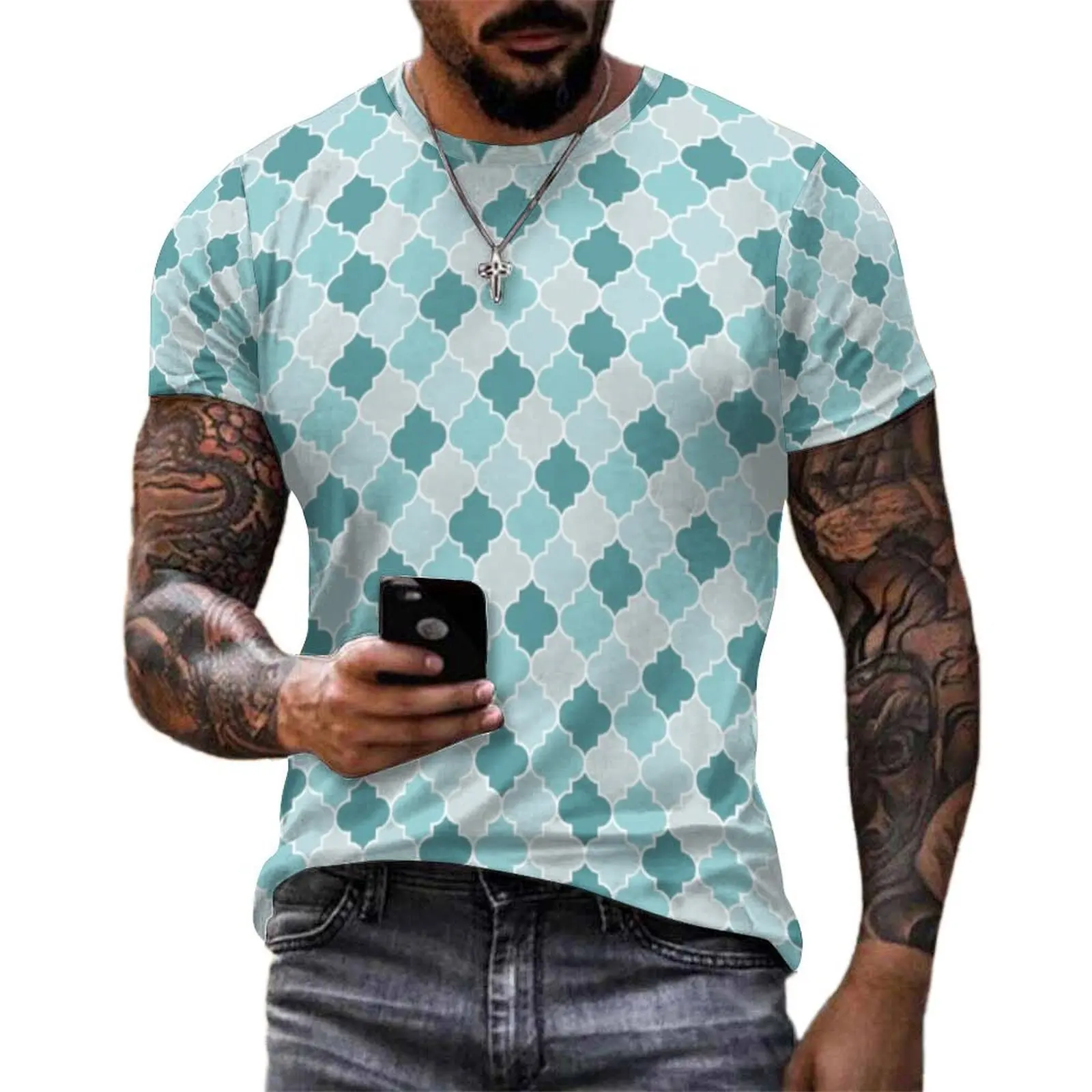 Sage Pale Blue Quatrefoil Tile T-Shirt  Funny T-Shirts O Neck Trending Tee Shirt Summer Male Graphic Clothing 4XL 5XL 6XL