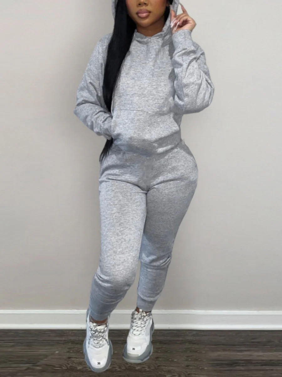 LW Spring Two Piece Women Workout Suits Hooded Kangaroo Pocket Drawstring Tracksuit Set Sporty Hoodie+Leggings Matching Outfits