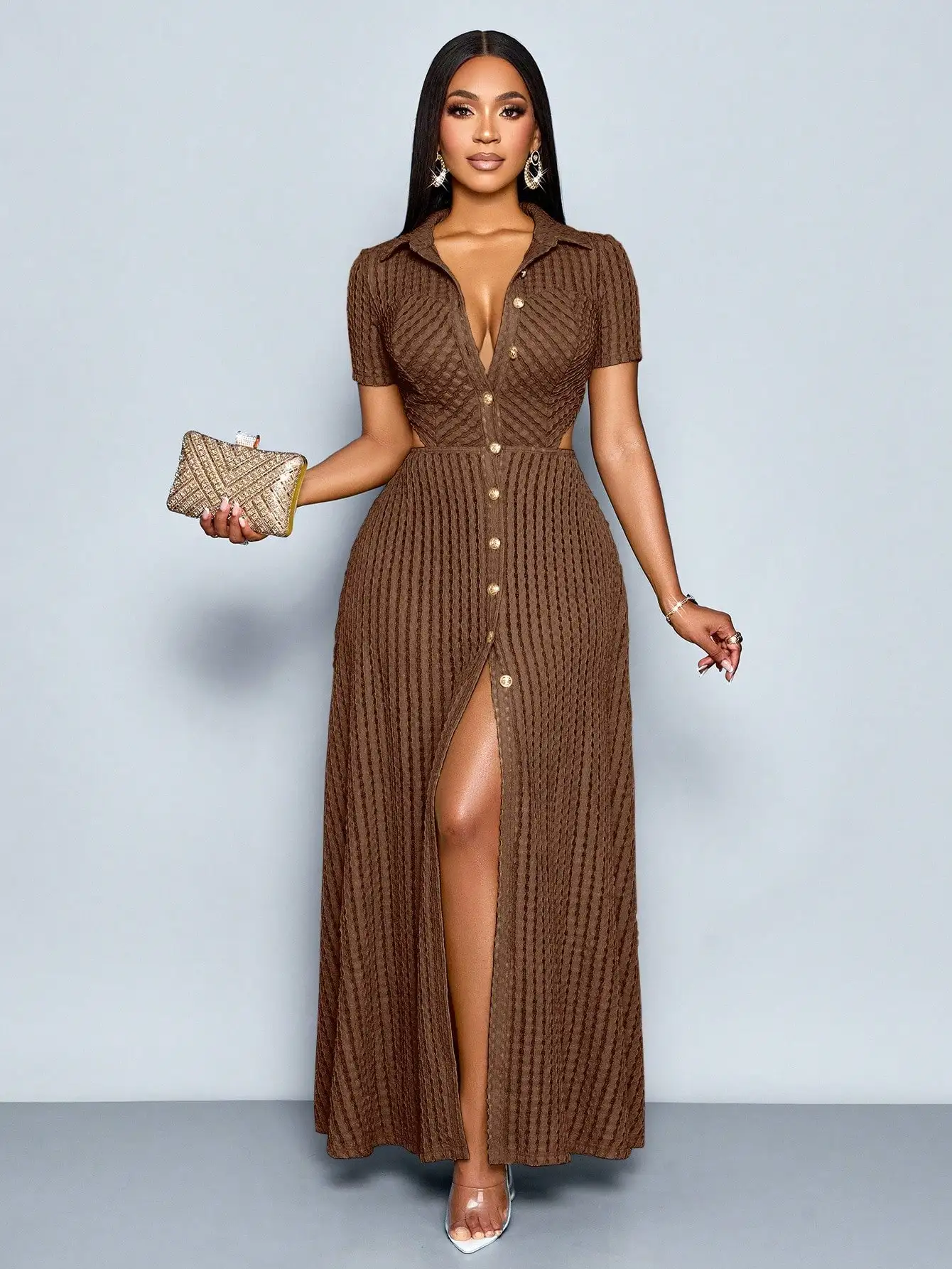 

Women's V-Neck Textured Open Front Buttoned Short Sleeve Maxi Dress