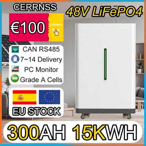 LiFePO4 48V 300Ah 15KW 배터리 팩 51.2V 100AH 600Ah 리튬 배터리 16S 200A BMS 10000+ 사이클 가정용 저장소용 EU 재고