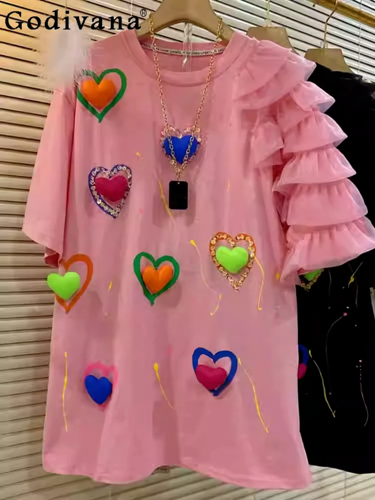 

Large Size Women Three-dimensional Heart Shape Ruffles Short Sleeve T-shirt Fashion Elegant Sweet Age Reduction Loose Korean Top