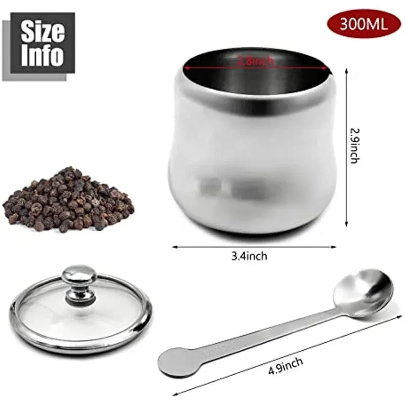 300ml Stainless Steel Spice Jar Sugar Bowl Coffee Container Seasoning Jar Condiment Pot Canister Cruet with Lid and Spoon