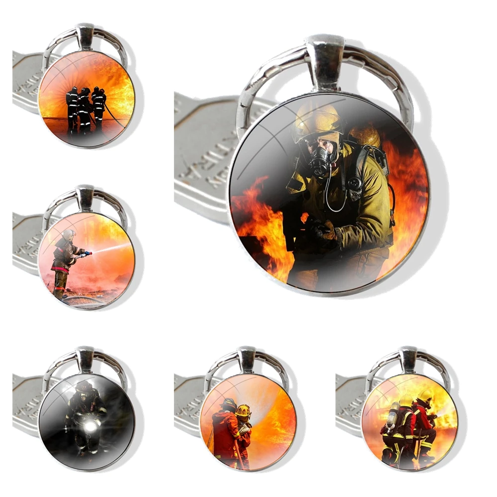 Keychain Handmade Glass Cabochon Key Ring Holder Pendant Key Chains Firefighter Heroes Fireman