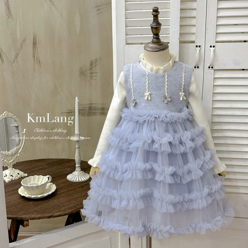 

Girls' Dress2025Autumn and Winter Fashionable Little Girl Fleece-Lined Vest Dress Mesh Puffy Dress Birthday First Birthday Dress