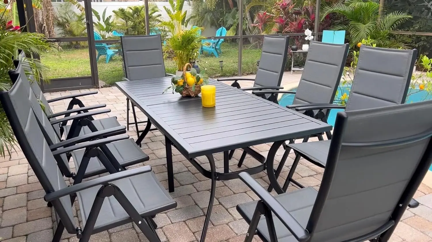 

8-Person Outdoor Dining Set Aluminum Slat Table Padded Folding Chairs Patio Garden Poolside Grey, Customized