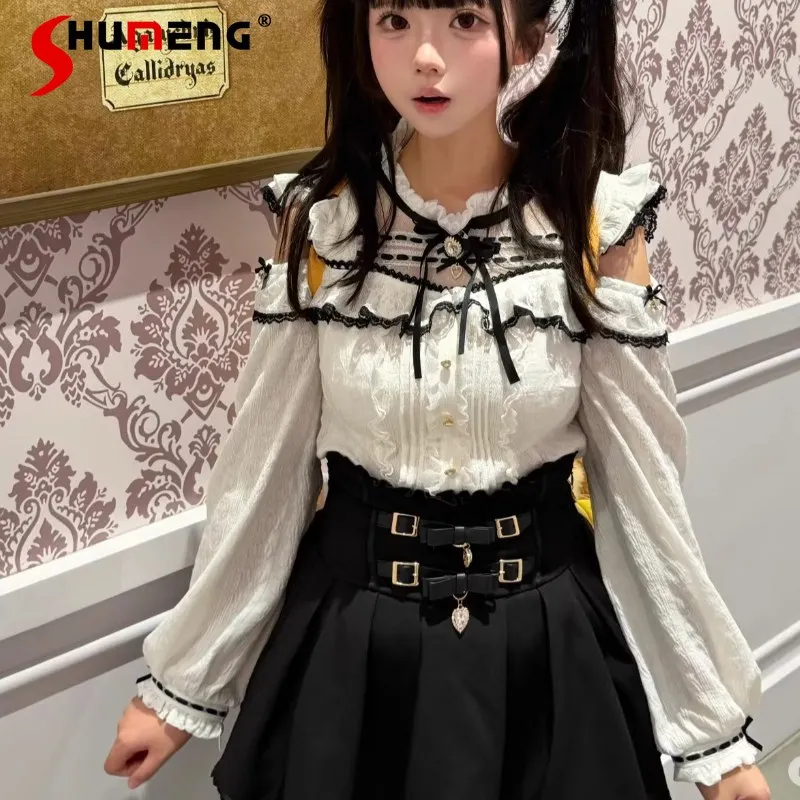 

Японские милые женские блузки Liz с вырезами, открытыми плечами, длинными рукавами, на одной пуговице, универсальные топы в стиле Лолита для женщин