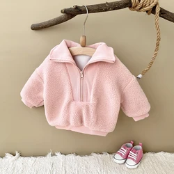 2024 Korean Cute Boys Girls Baby Coat Lamb Wool Warm Coat Winter Thicken Half-Zip Fleece Jacket Solid Colour 0-3Y Toddler Top