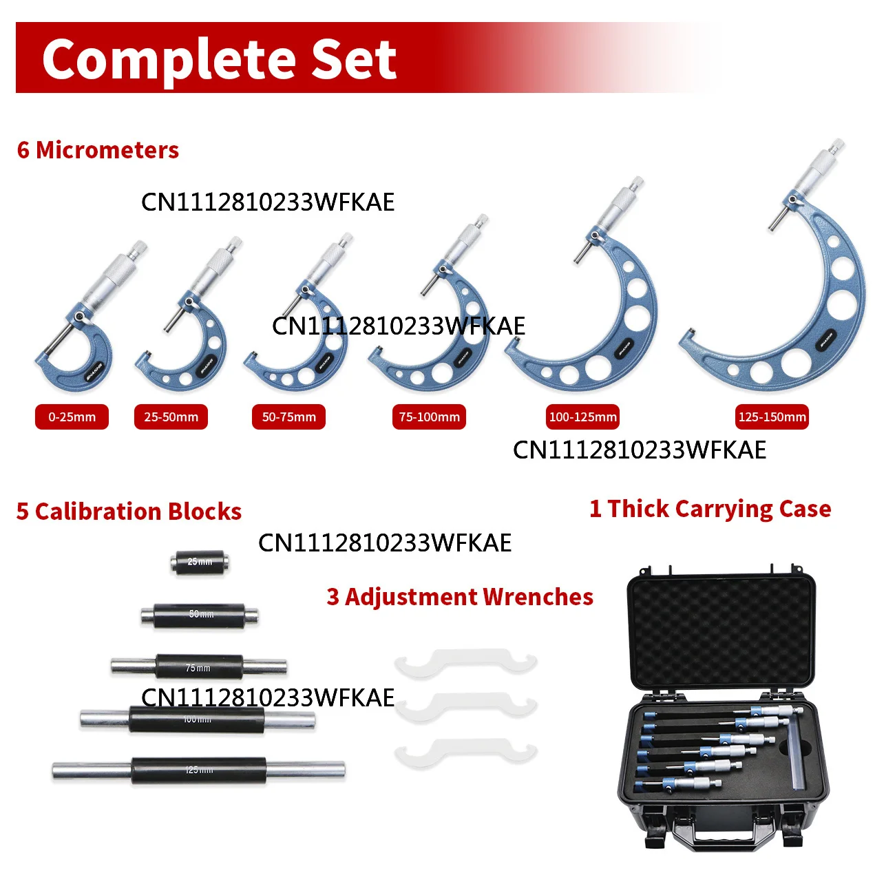 SHANHR 6Pcs 0-150mm 0.01mm Graduation Outside Micrometer Set Alloy Accurate with Box Machinist Tool Set