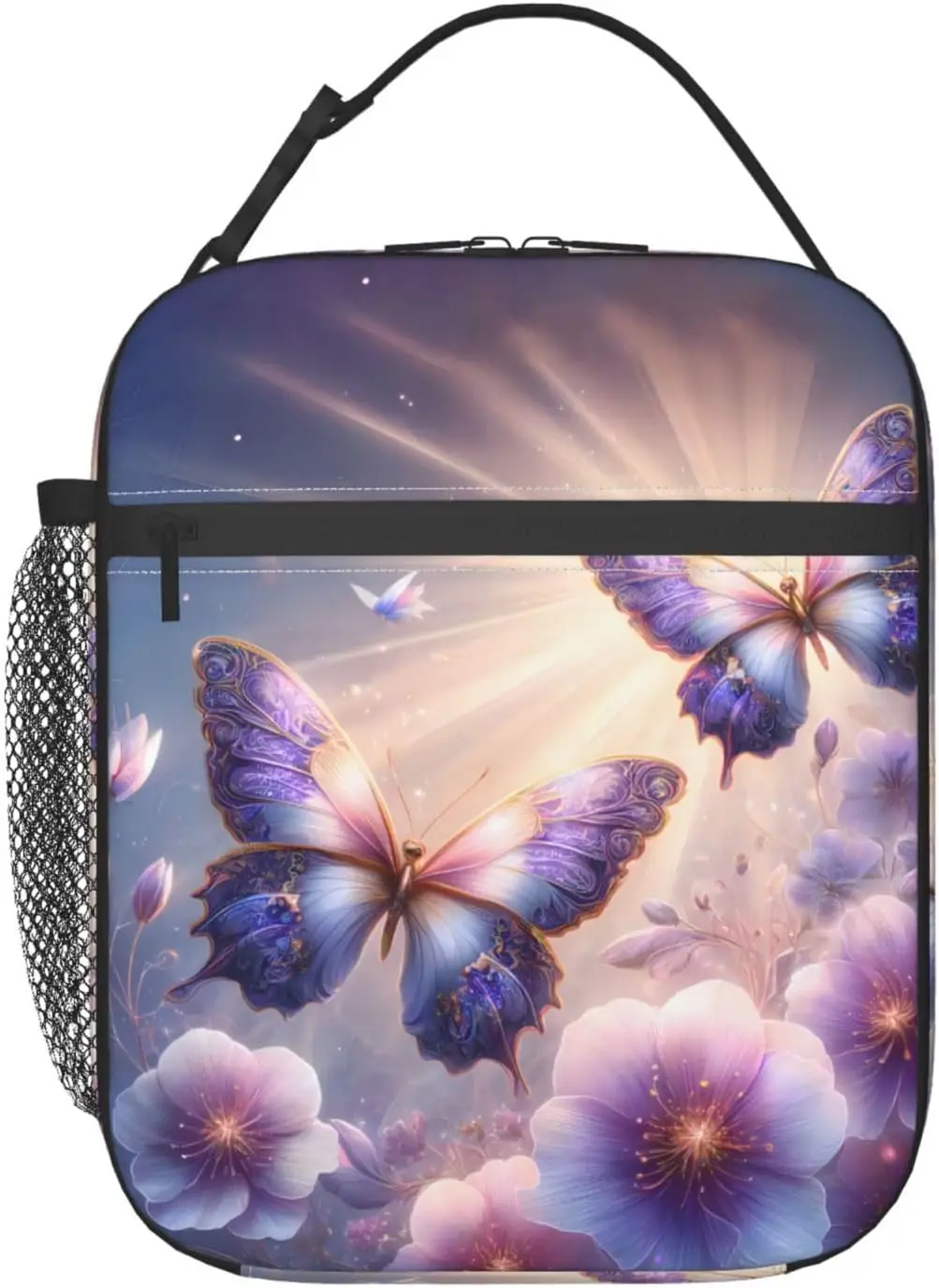 

Симпатичная многоразовая сумка для обеда с фиолетовой бабочкой для взрослых женщин, сумки-холодильники с цветочной изоляцией для школы, пикника, путешествий