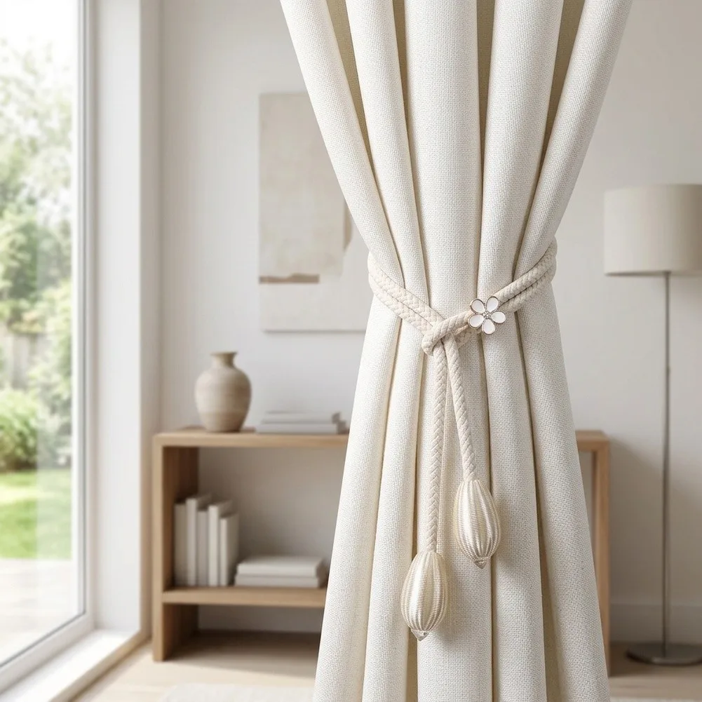 Cotton Blend 48cm Adjustable Curtain Tiebacks with Lock Slider Woven Drapery Holders for Various Drape Thicknesses