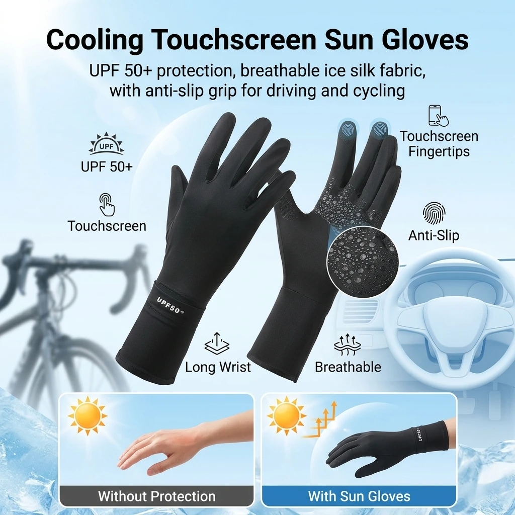 Outdoor Driving Gloves UPF 50+ UV Protection Ice Silk Cooling Touch Screen Anti Slip Breathable Summer Cycling Gloves