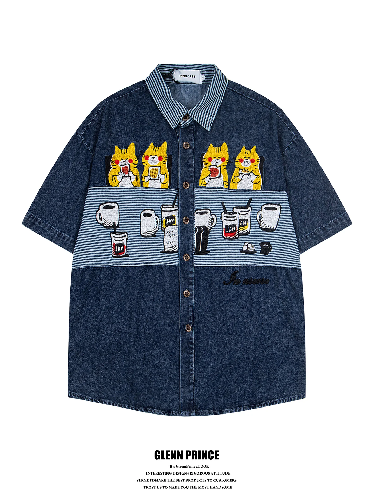 

American Retro Afternoon Tea Embroidery Denim Loose Men's Shirt Design Sense BF Short Sleeve Cotton Casual Fashion