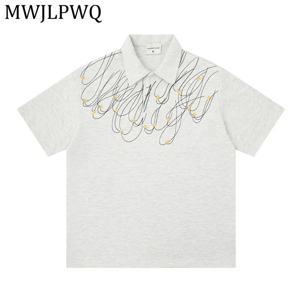 

MWJLPWQ Embroidery Design Short-Sleeve T-Shirt Men Ins Hip-Hop Trendy Loose Casual Turn-Down Collar Fit Tops For Summer 15219