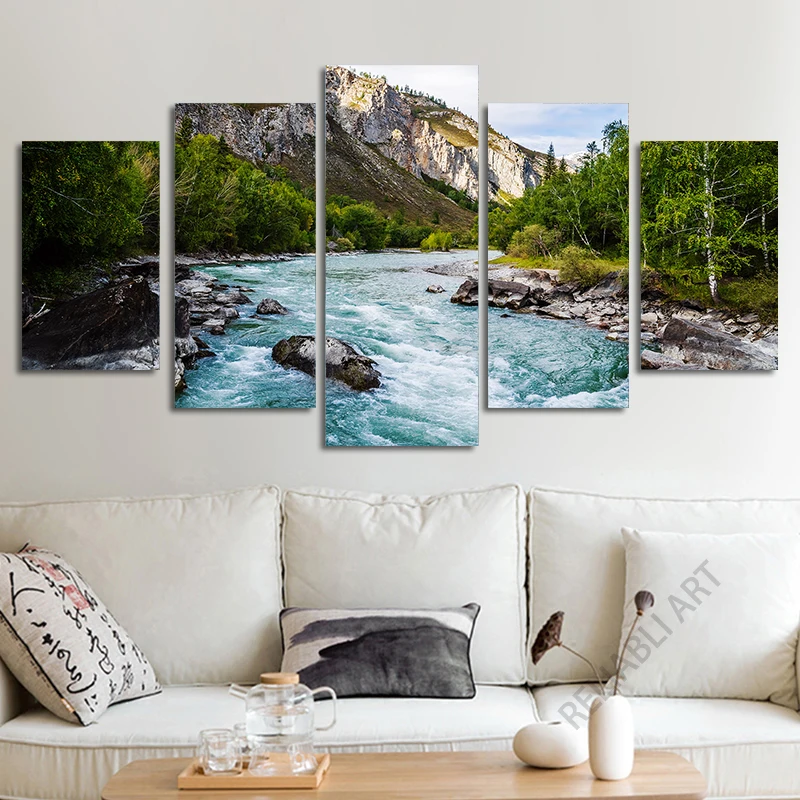 5 Panel Spring River HD Pictures Canvas Painting Green Mountain Waterfall Landscape Posters and Prints for Living Room Decor