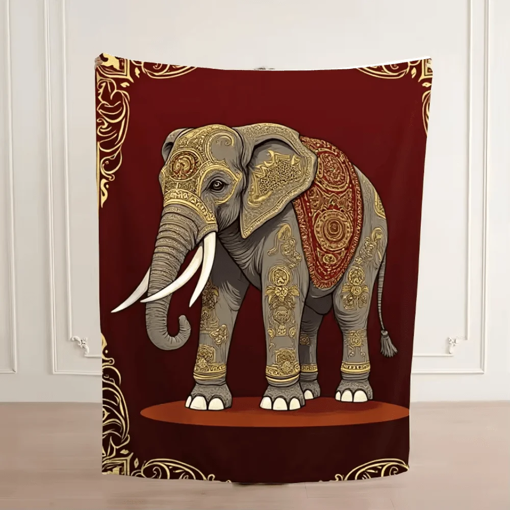 Colorful Elephant Mandala Floral Black Background Soft Cozy Throw Blanket for Sofa Bed Artistic Statement