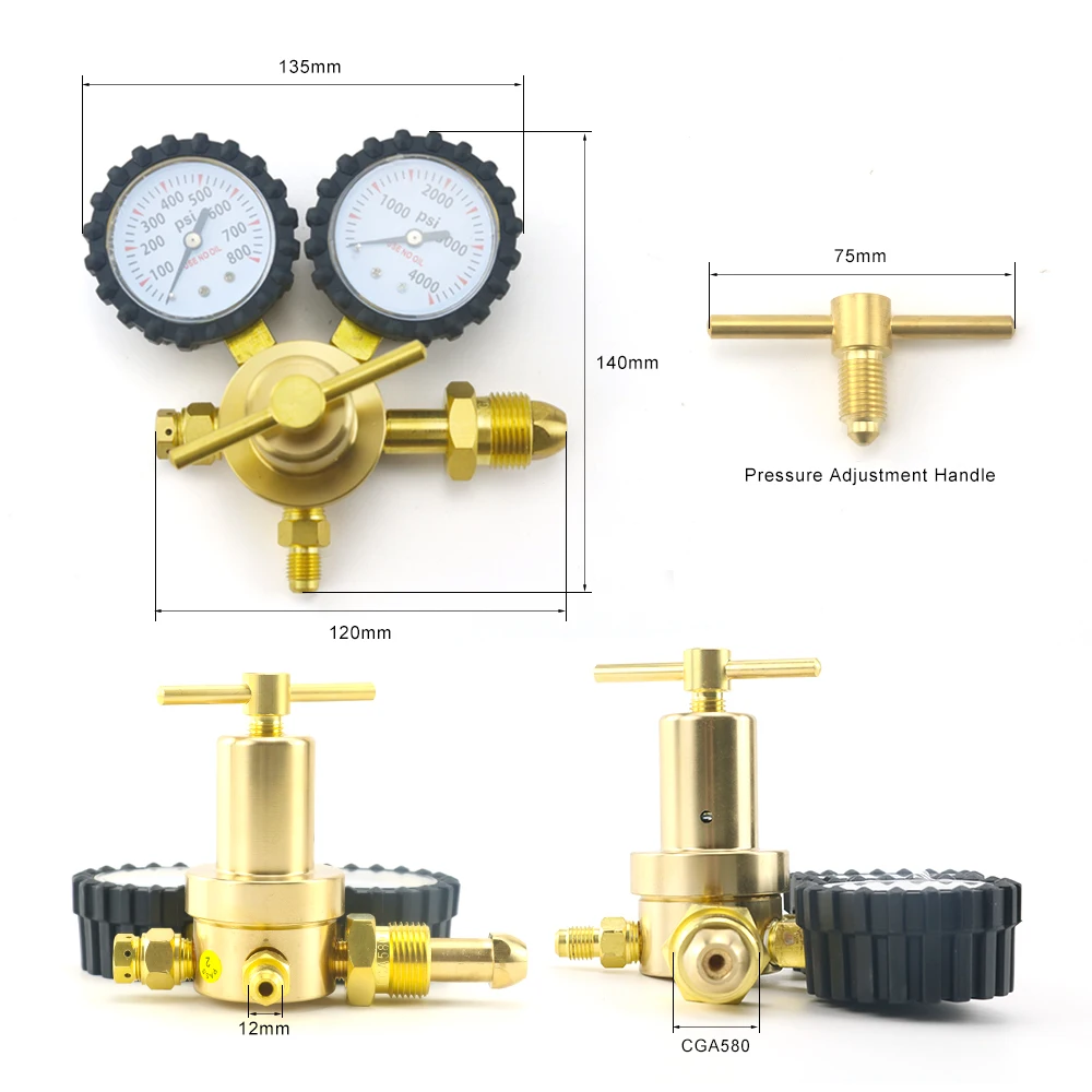 1/4'' Brass Nitrogen Regulator 0-600 PSI Gas Pressure Reducing Valve with Dual Gauges CGA580 Connection