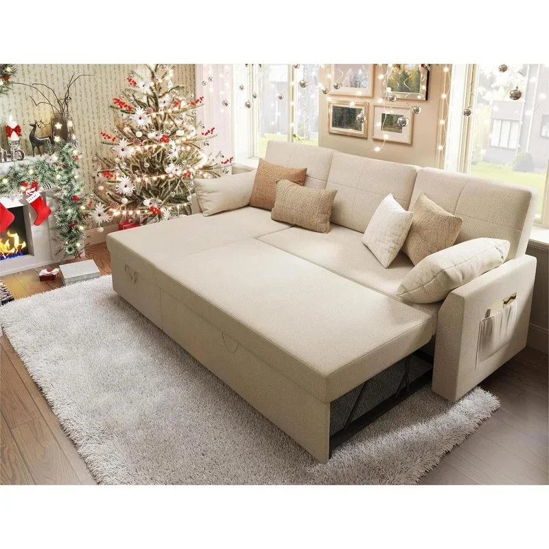 

Sleeper Sofa, 2 in 1 Pull Out Bed with Storage Chaise for Living Room, Beige Chenille Couch