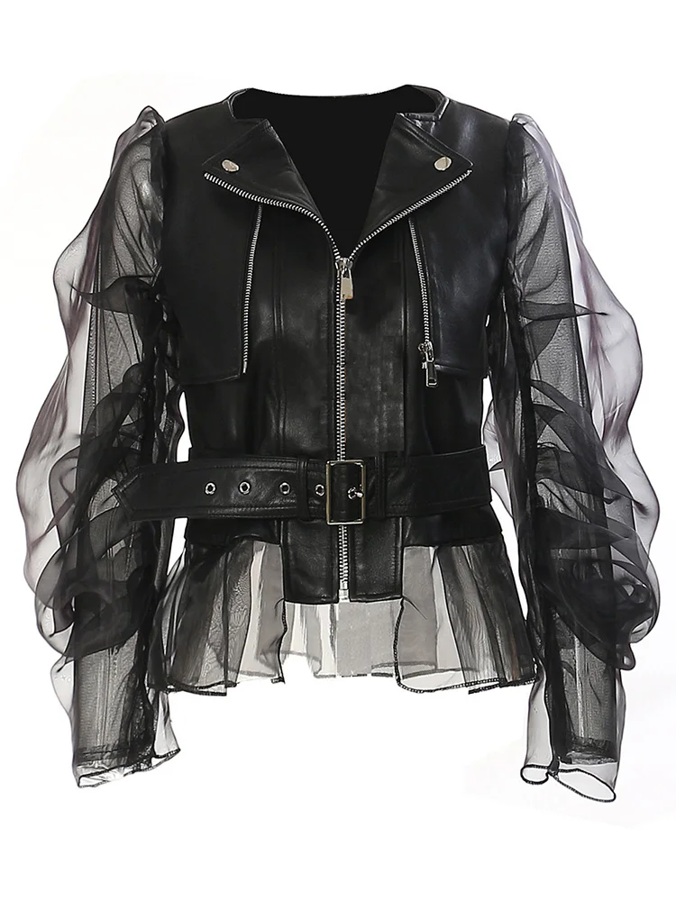  STUDIO Street Sle Me Blouson Biker Femme Noir en Cuir avec Patchwork de Dentelle, Manches Bouffantes et Taille Cintrée