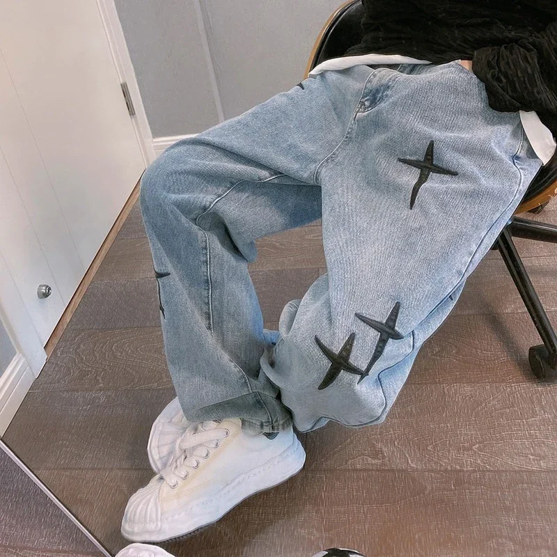 Prints Jeans Men Cotton Fashion Wide Leg Streetwear Baggy Korean Drapes Straight Casual Loose Denim Cargo Pants