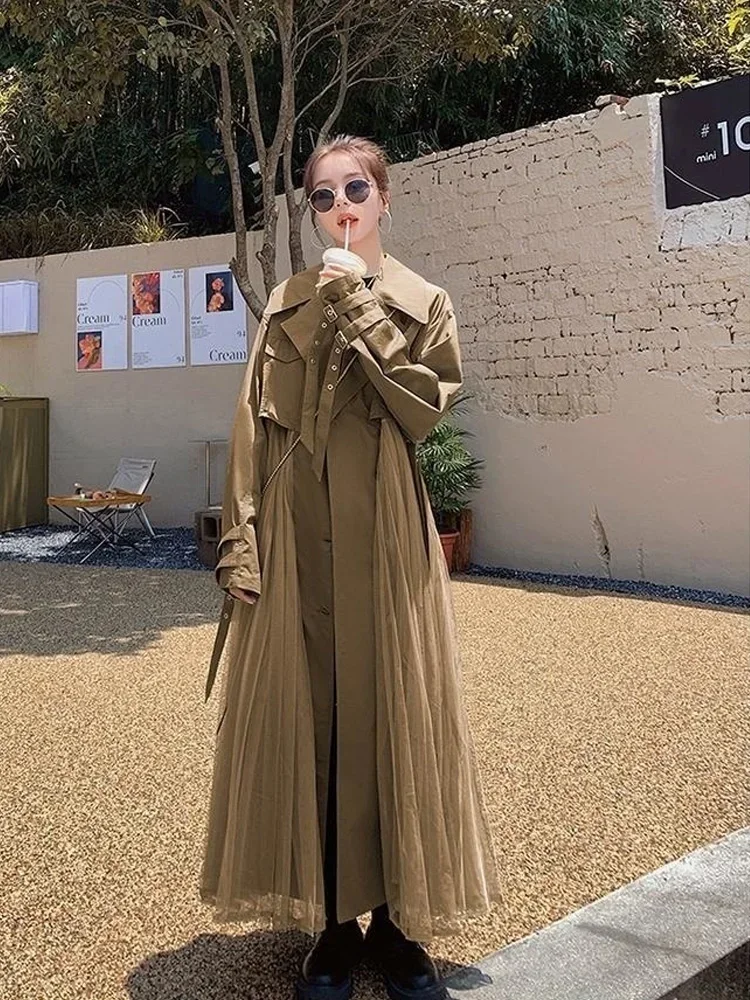 Fashion Sense of design Women's long windbreaker 2025 spring autumn new splice pleated gauze single breasted coat пальто