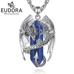 Eudora Dragon Twining Hexagonal Lapis Lazuli Prismatic Necklace Punk Healing Crystal Stone Pendant Jewelry for Women Man Gift