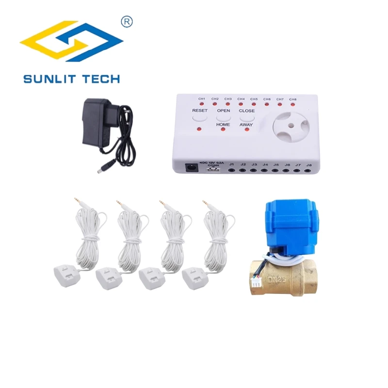 

Water Leak Detector System with Alarm Host 1pc Smart Valve Crane 4pcs Water Sensor Cable for 1" Water Pipe Security Protection