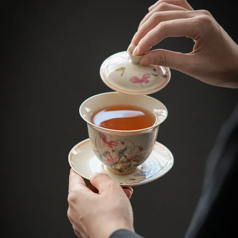 Chinese Ceramic Gaiwan Fair Cup Tea Strainer Handmade Flowers Pattern Porcelain Teacup Tea Water Separation Household Teaware
