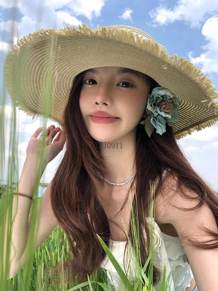 Lace bow woven straw hat women's summer big brim seaside vacation beach sunshade sunscreen hat