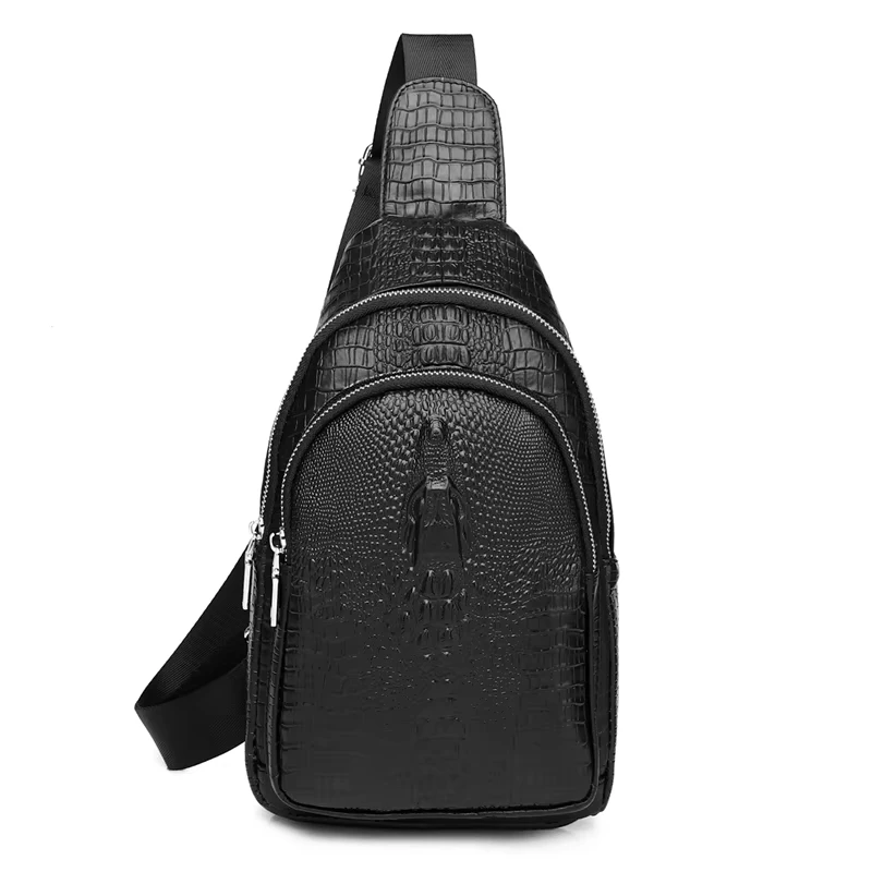 Black Crocodile Pattern 100% Genuine Leather Crossbody Bag For Men Shoulder Bag Casual Chest Bag