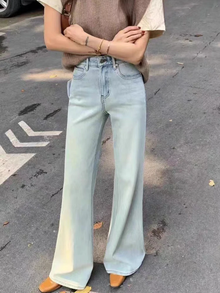 Vintage Flare Jeans Light Blue High Waist Denim Pants Female Black Trousers Wide Leg Loose Casual Pants Elegant Office Ladies