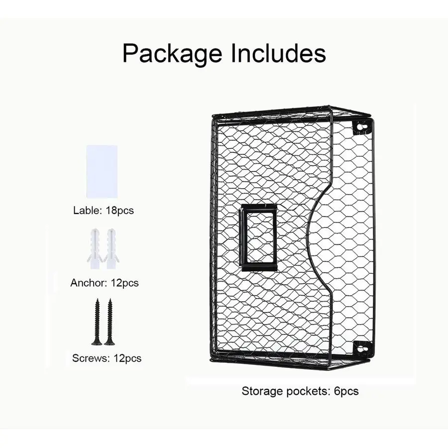 6 Pockets Hanging File Holder Wall Mount Mail Organizer Metal Chicken Wire Magazine Rack with Tag Slot, Black