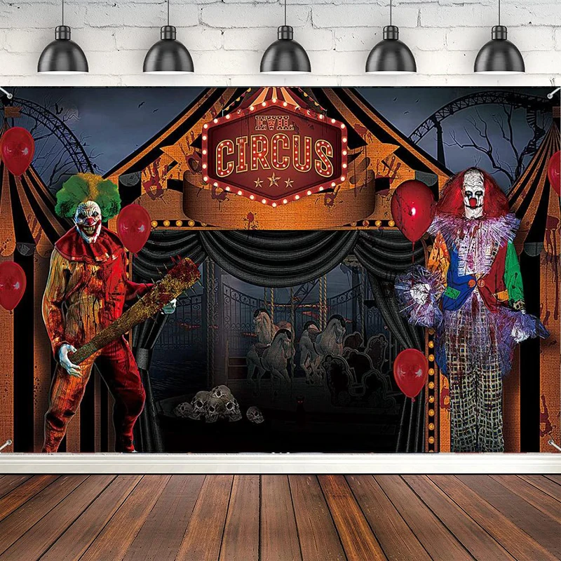 Circus Photography Backdrop Evil Clown Scary Skull Balloon Dead Tree Skull Background Banner Decoration Halloween Party Supplies