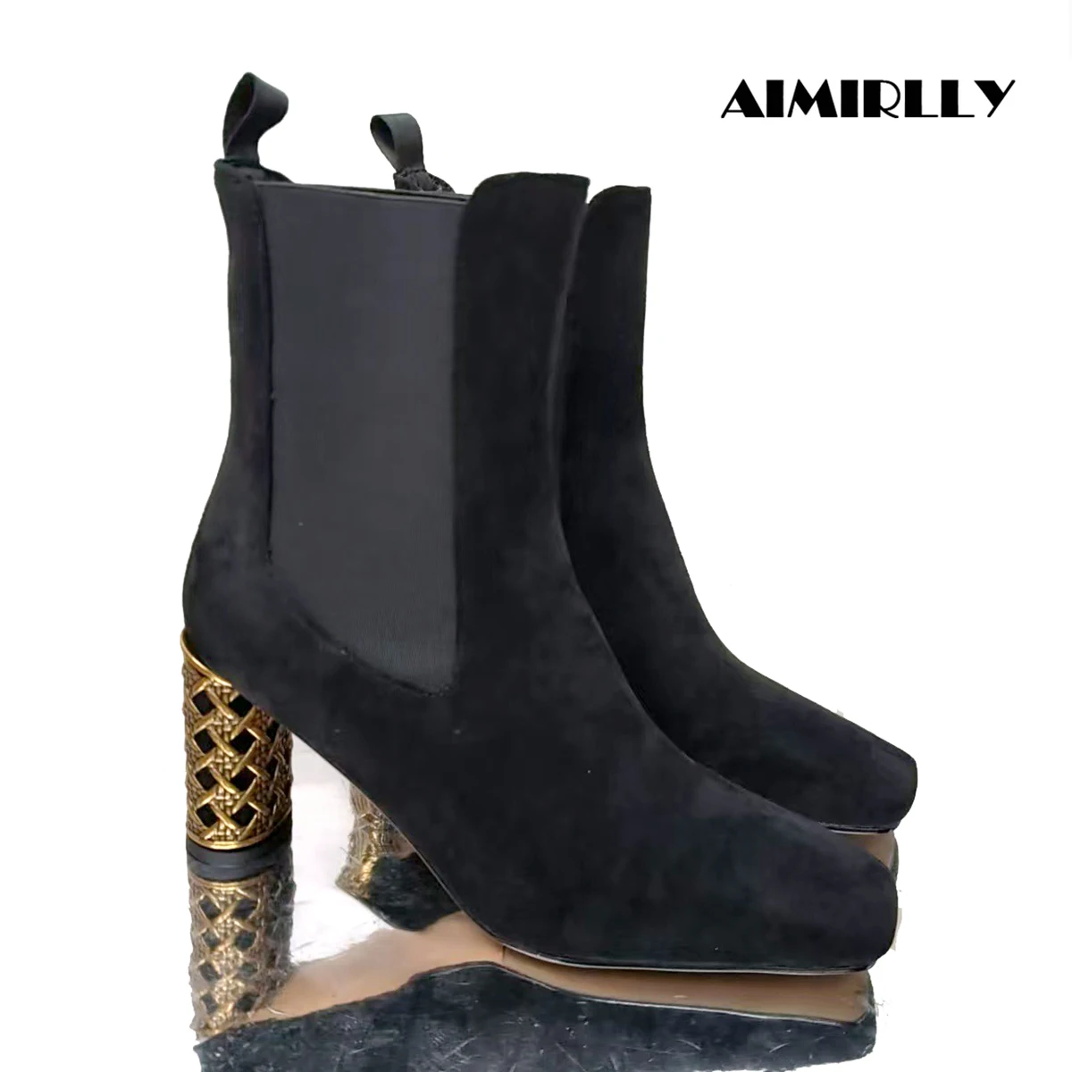 

Elegant Women's Black Suede Chelsea Boots Square Toe Gold Metal Block Heel Elastic Side Panel Slip-On Comfortable Ankle Boots