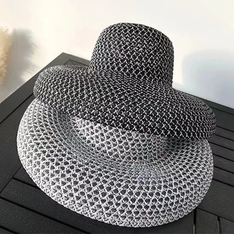 Sombrero de paja de ala ancha, visera de seda brillante, malla para el sol, gorra cóncava de Hepburn francés, protector solar para playa al aire