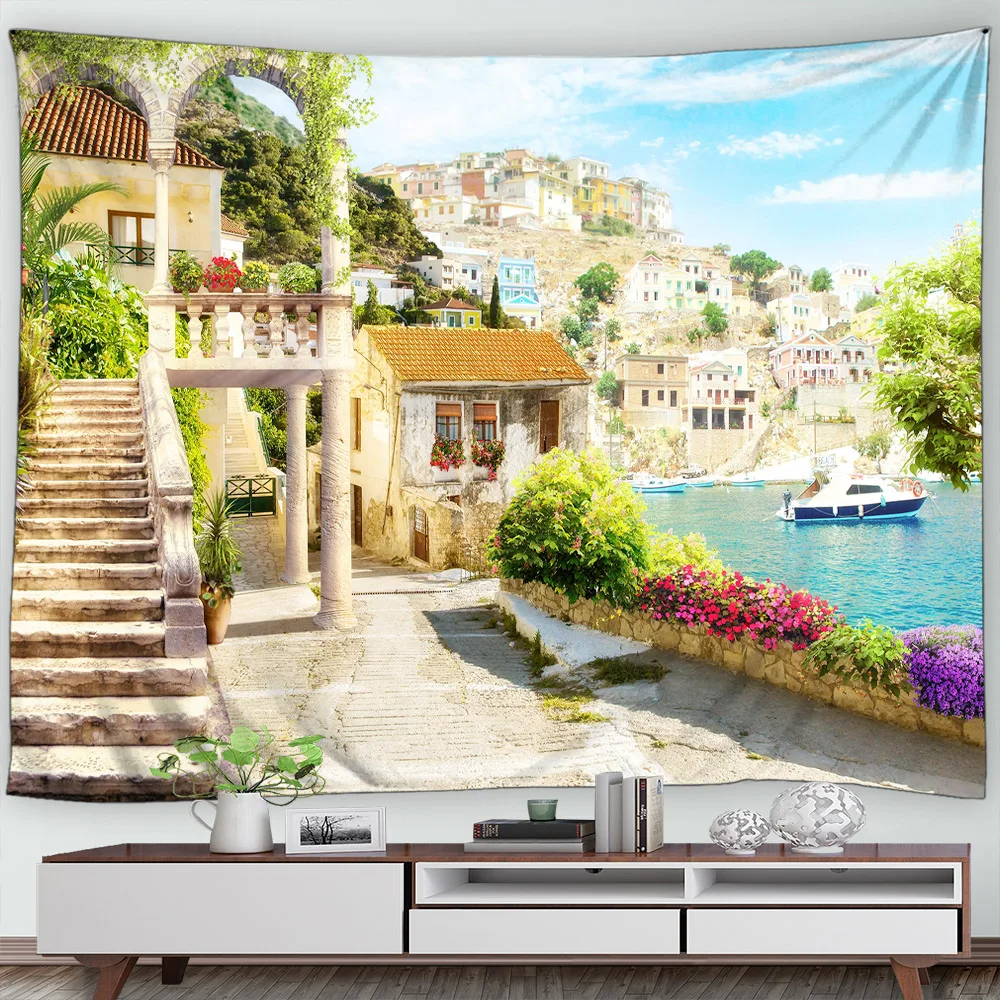 European Garden Wall Hanging Tapestry Balcony Flowers Island Green Vine Sea Scenery Greek Home Decoration Mediterranean Tapestry