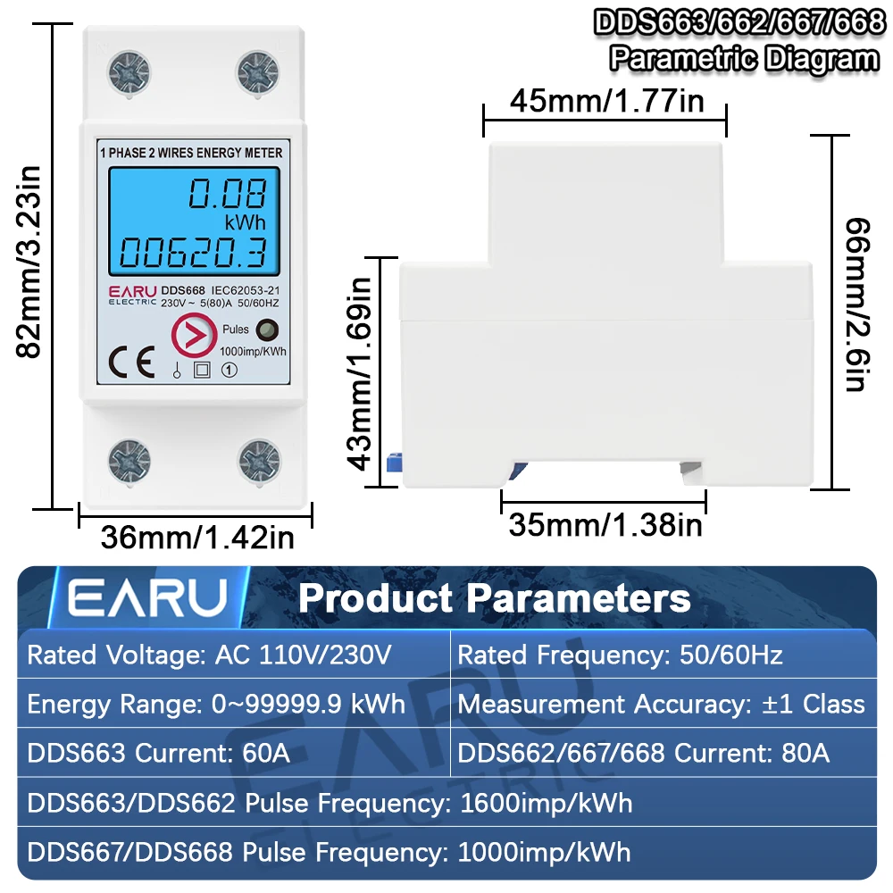 EARU AC 110V 230V Single Phase Digital Energy Meter Reset Zero kWh Voltage Current Power Consumption Counter Electric Wattmeter