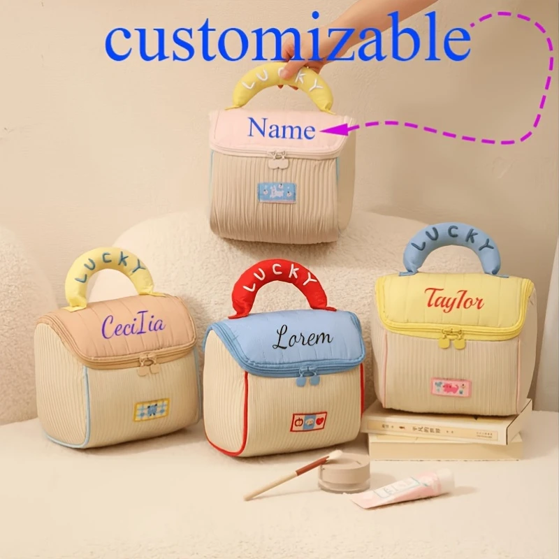 Custom Name Handheld Toiletry Bag, Cute Hut Cartoon Pattern Cosmetic Handbag, Lightweight Storage Pouch for Daily Trip Essential