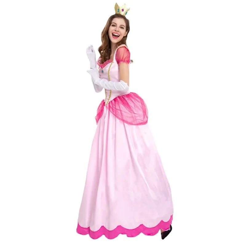 

Women Girls Princess Peach Beech Pink Dress Adult Sexy Fairy Tale Palace Long Dress Performance Cosplay Costume Summer Outfit