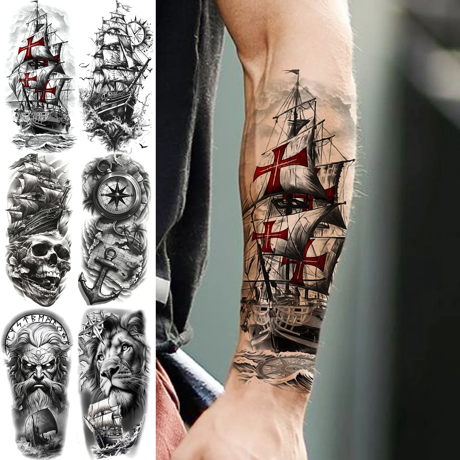 

1 Sheet Cook Pirate Ship Anchor Compass Temporary Tattoos For Men Women Waterproof Realistic Fake Tattoos Sticker Long Lasting