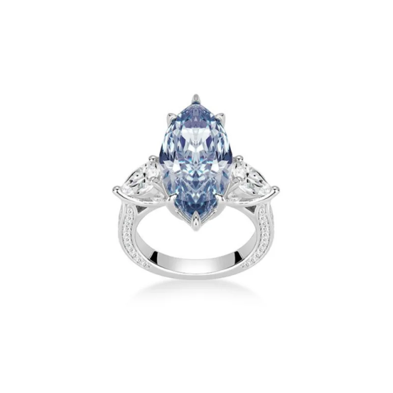 Bellux 925 Silver Synthetic Zircon Jewelry Design Light Blue Marquise Shaped Main Stone 12 Carat Fine Ring