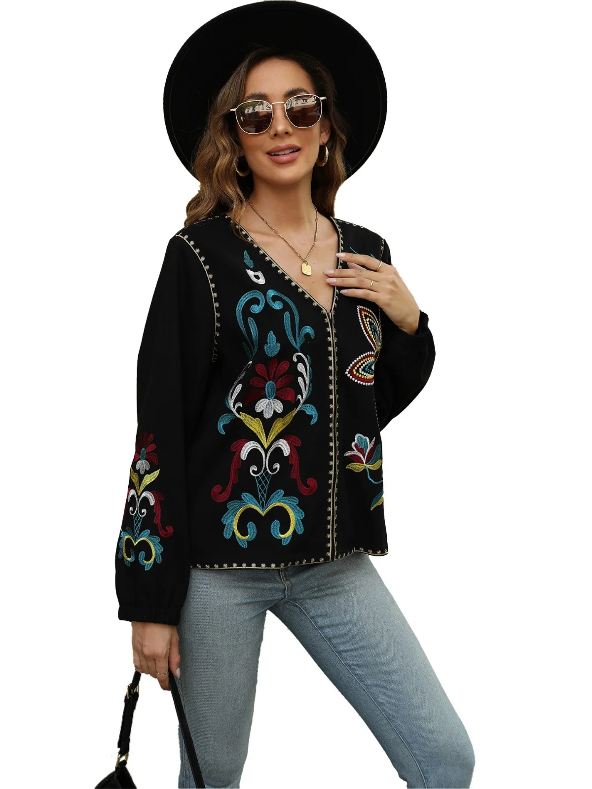 KHALEE YOSE Floral Embroidery Retro Jacket Black Autumn Srping Women Chic Boho Casual Long Sleeve Jackets Coats Streetwear New