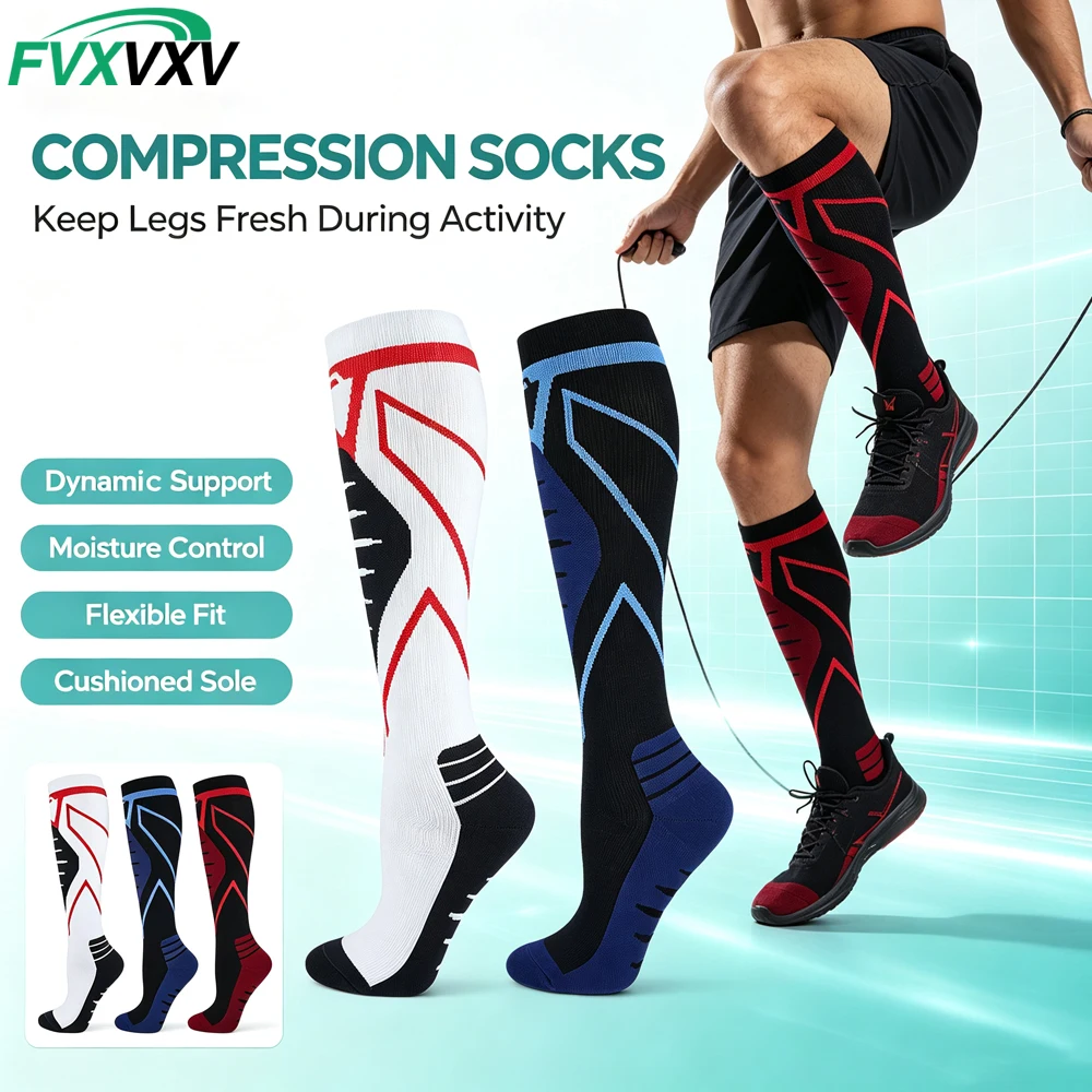 1Pair Compression Socks for Men Women, 15-20mmHg Graduated Support Stockings for Running Athletic Sports, Nurses Flight Travel