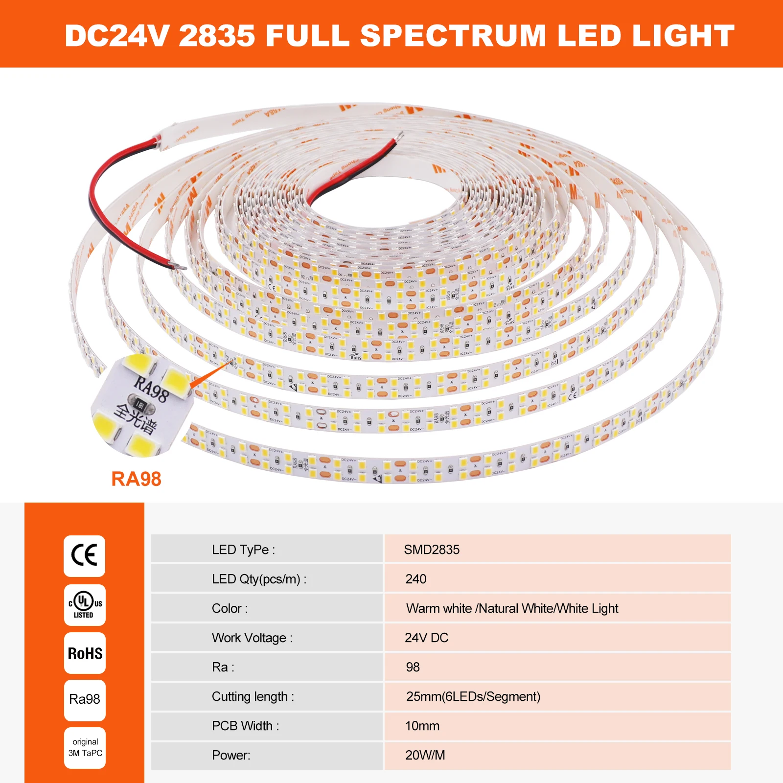 Full Spectrum RA98 DC 24V LED Strip IP20 2835 240Leds/M 3000K 4000K 6000K Home Decor Flexible Ribbon Tape Light