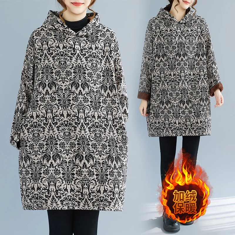 

Элегантное хлопково-льняное платье-свитшот с капюшоном и принтом, больших размеров, свободного кроя, для женщин, утепленное, повседневное, на каждый день, зимний сезон